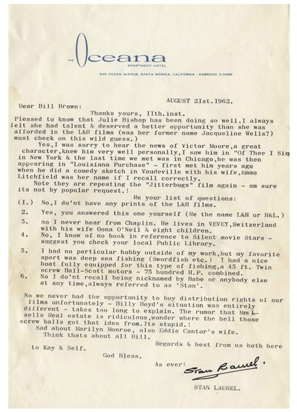 Stan Laurel Letter Signed From August 1962 -- ''...Sad about Marilyn Monroe...''